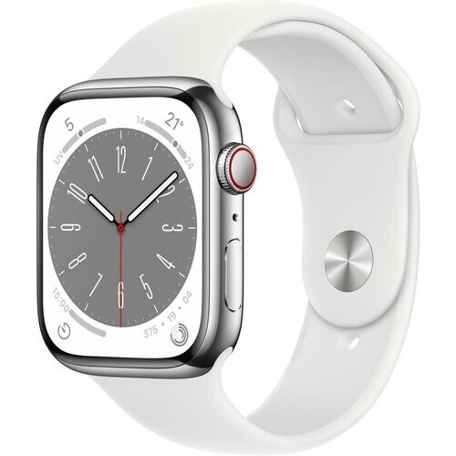 Apple Watch Series 8 (2022) GPS + Cellular 45 mm - Rostfreier Stahl Silber - Sportarmband Weiß