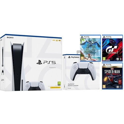 PlayStation 5 825GB - Weiß + Horizon Forbidden West + Spider-Man + Gran Turismo 7